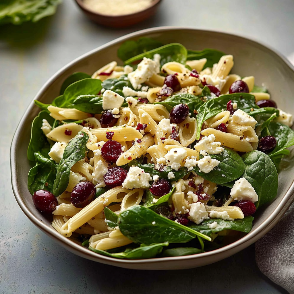 Delightful Spinach Pasta Salad with Feta and Cranberries