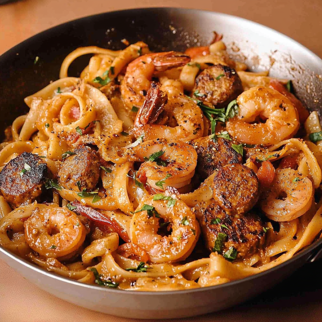 Recipe preparation for Cajun Ranch Shrimp and Sausage Pasta Skillet