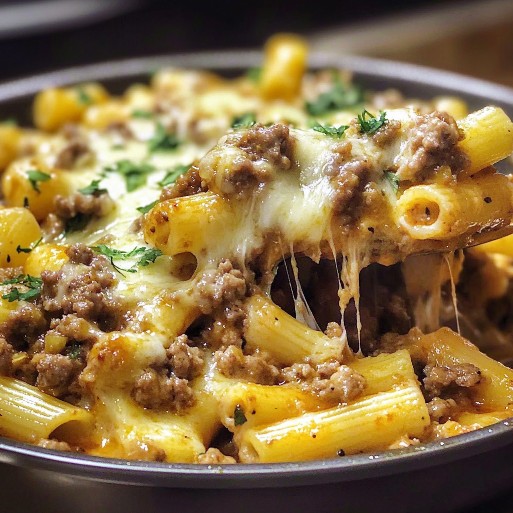 Recipe preparation for Cheesy Ground Beef Pasta Skillet