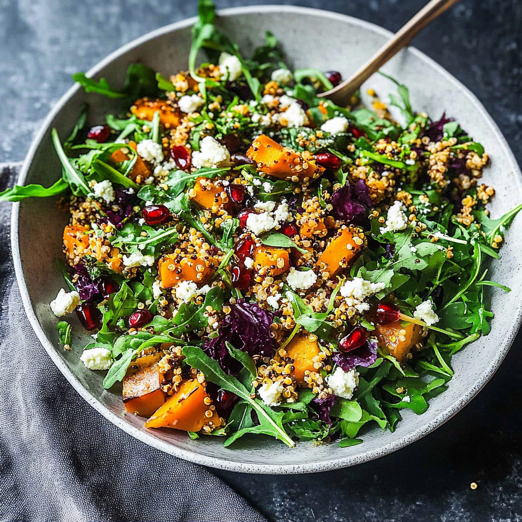 Recipe preparation for Roast Pumpkin Salad With Quinoa Feta And Pomegranate