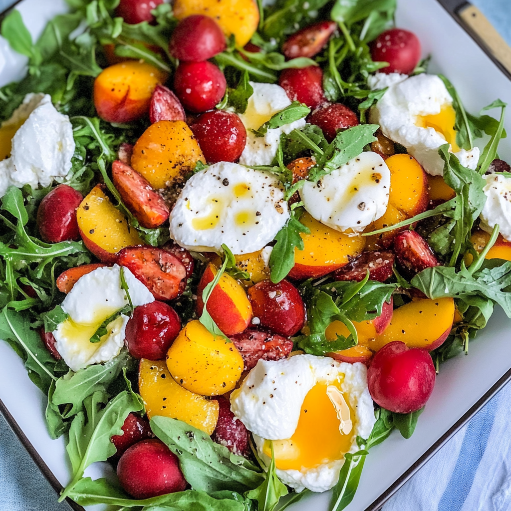 Recipe preparation for Peach Burrata Salad