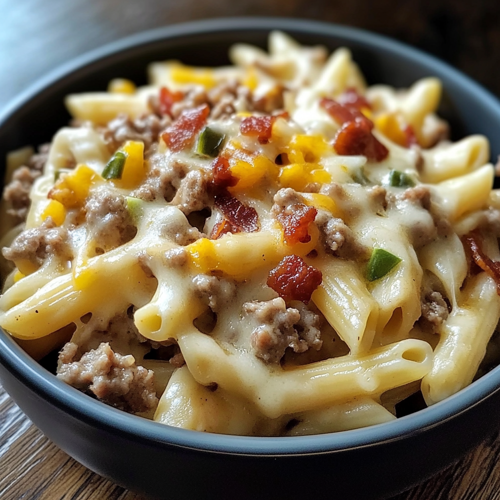 Recipe preparation for Loaded Bacon Cheeseburger Pasta