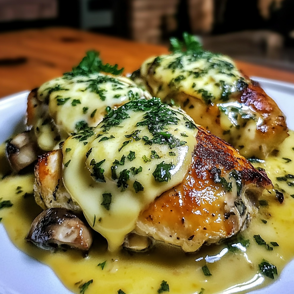 Recipe preparation for Cheesy Garlic Butter Mushroom Stuffed Chicken