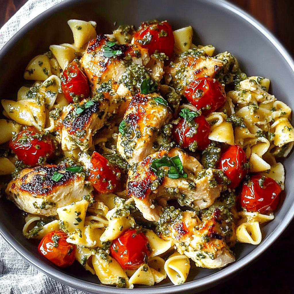 Recipe preparation for Creamy Chicken Pesto Pasta