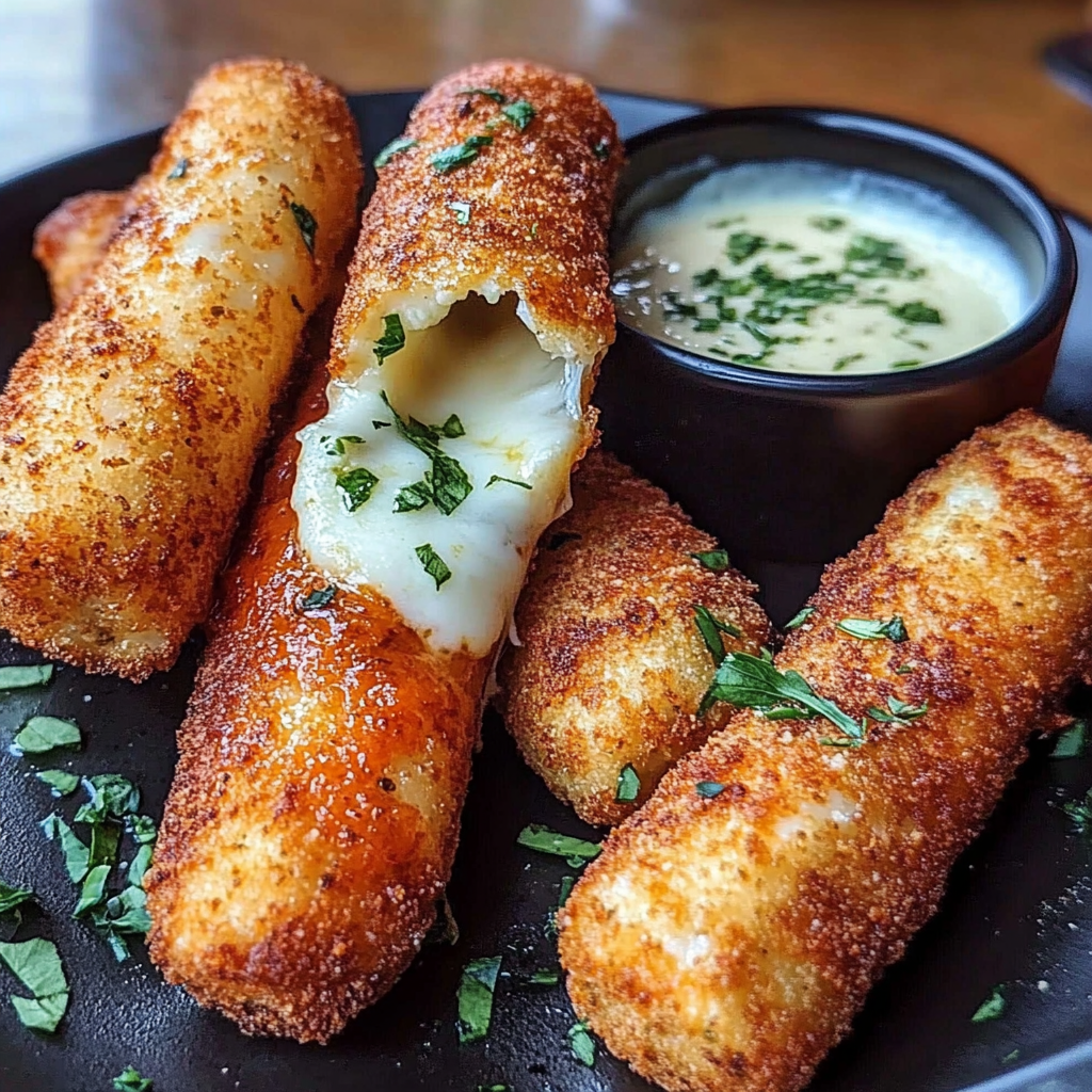 Recipe preparation for Crispy Mozzarella Sticks with Dips
