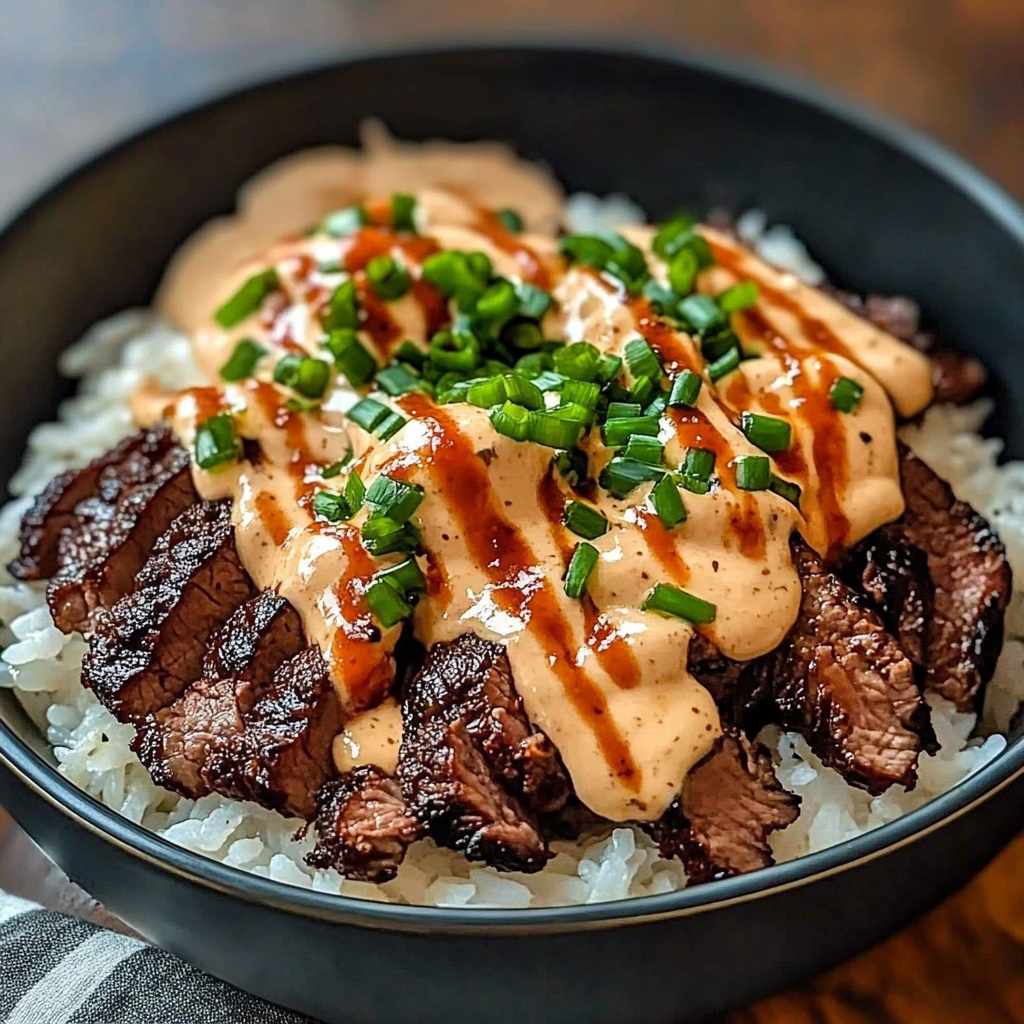 Recipe preparation for Korean BBQ Steak Rice Bowls with Spicy Cream Sauce