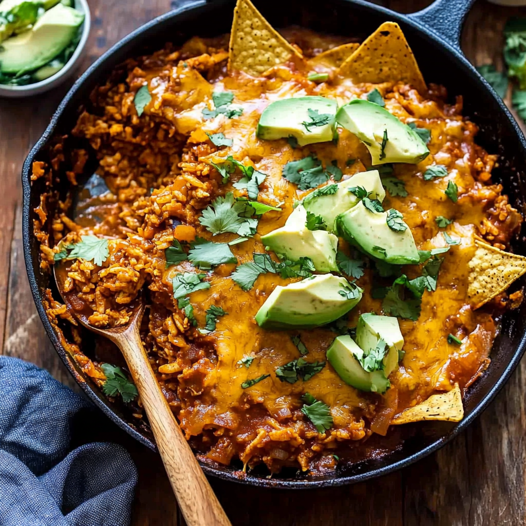 Recipe preparation for One Skillet Saucy Chicken Tortilla Enchilada Rice Bake
