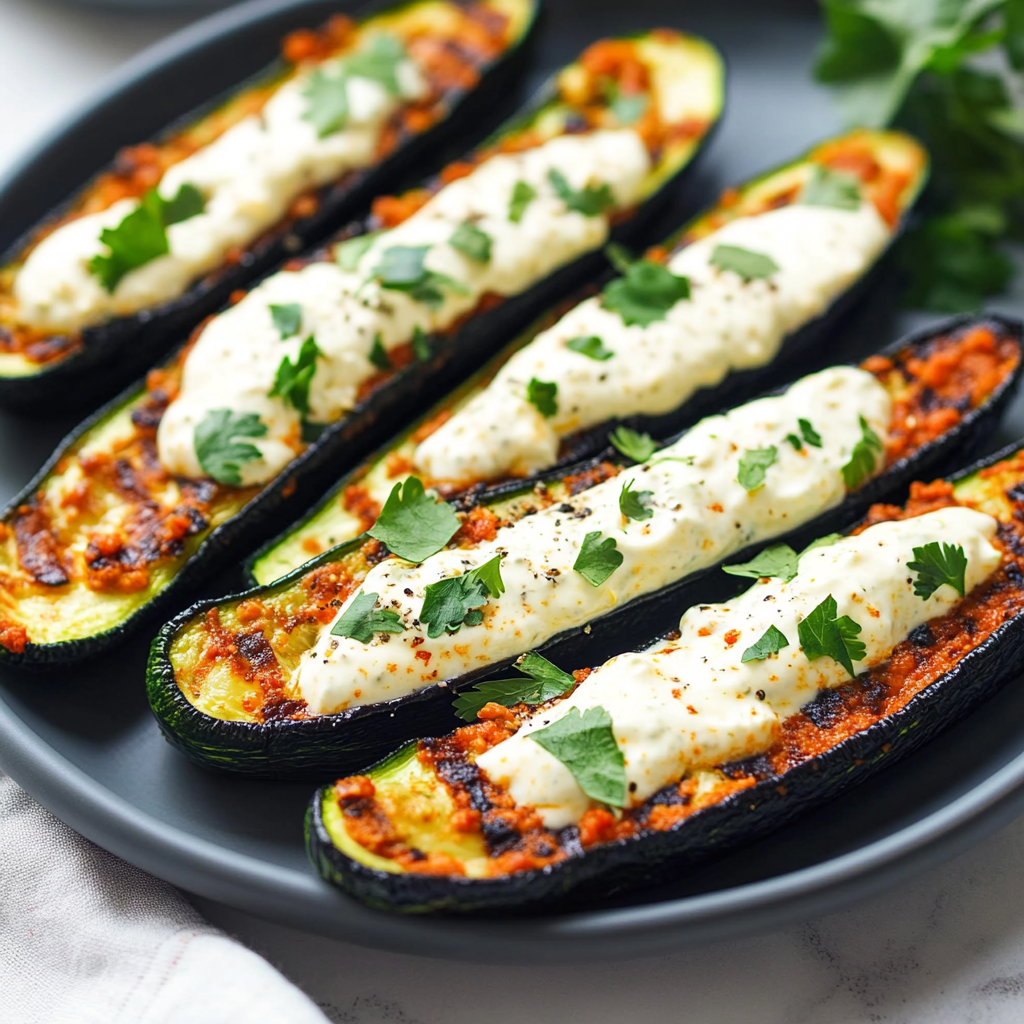 Recipe preparation for Mexican Zucchini Boats with Yogurt Sauce