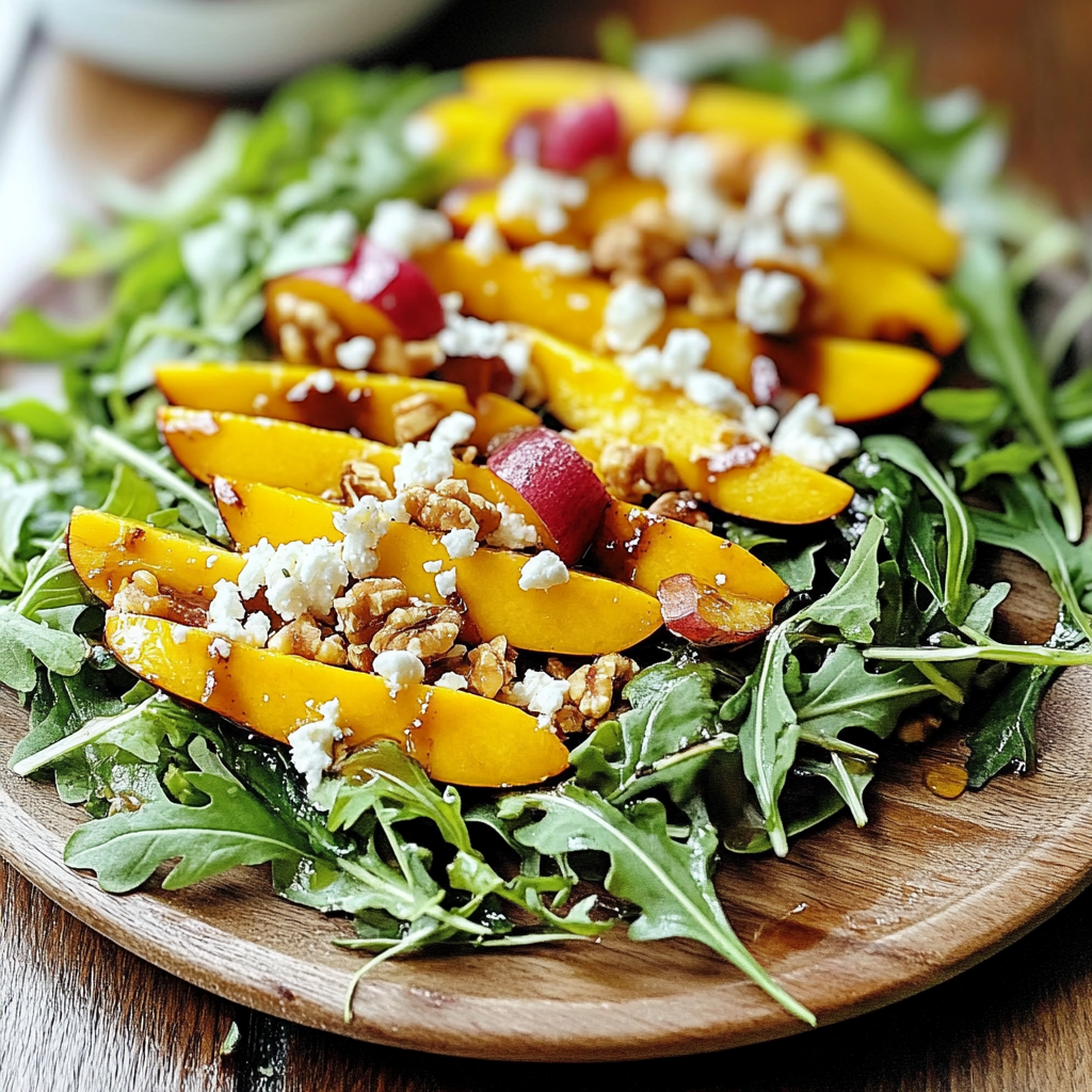 Recipe preparation for Peach Feta Arugula Salad