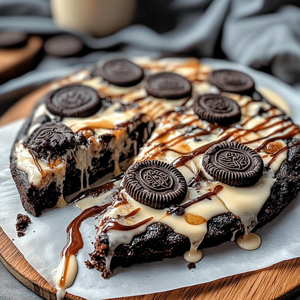 Recipe preparation for Oreo Fudge Brownie Pizza