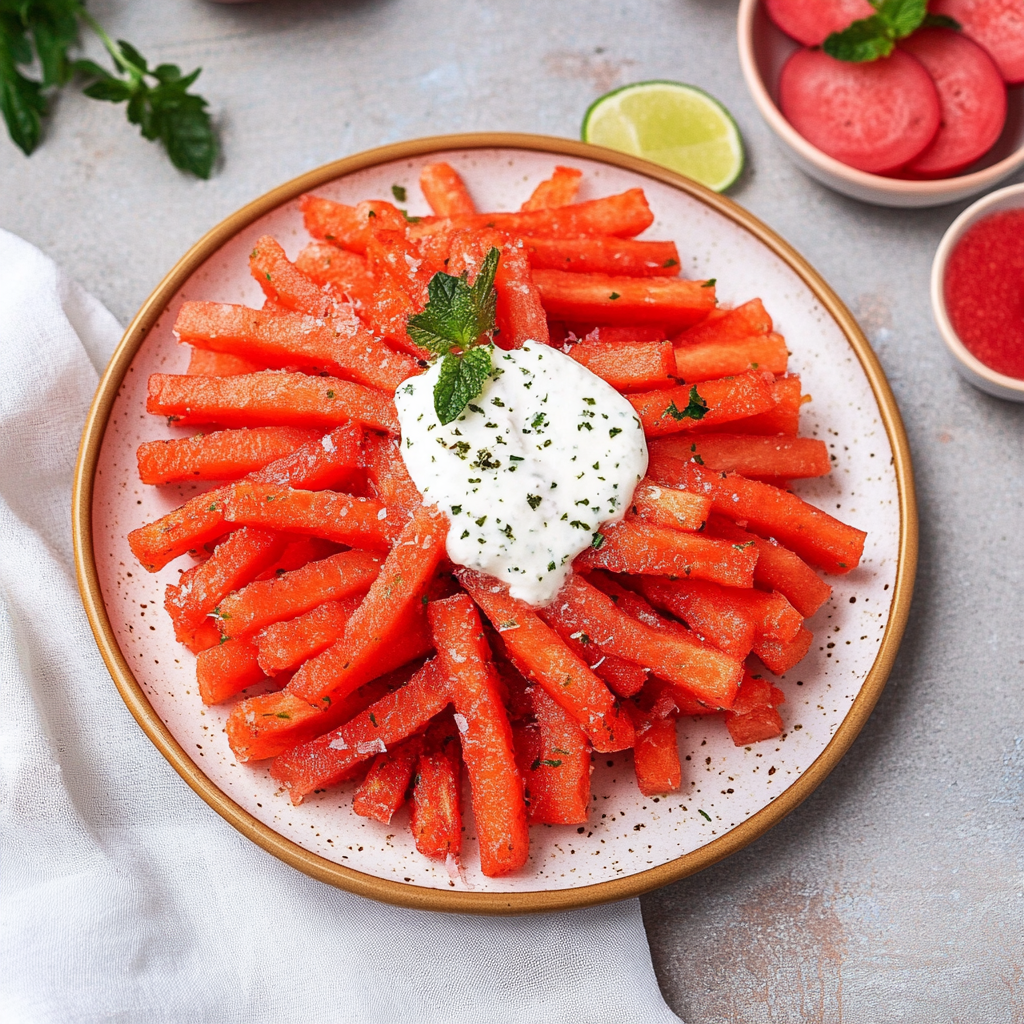 Recipe preparation for watermelon fries with coconut lime dip