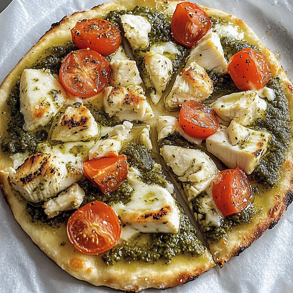 Recipe preparation for Grilled Pesto Pizza with Chicken and Cheese