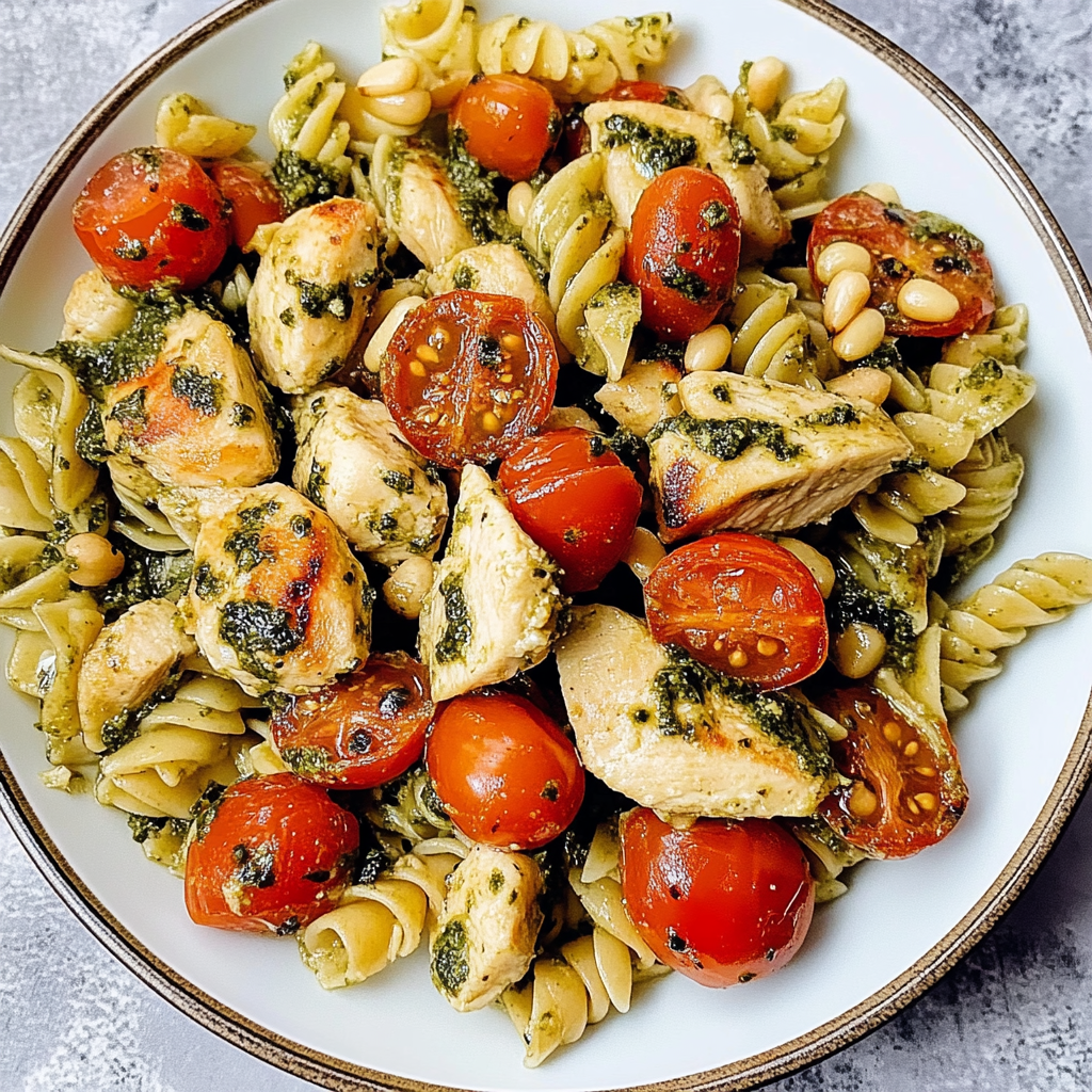 Recipe preparation for Chicken Pesto Pasta with Tomatoes and Pine Nuts