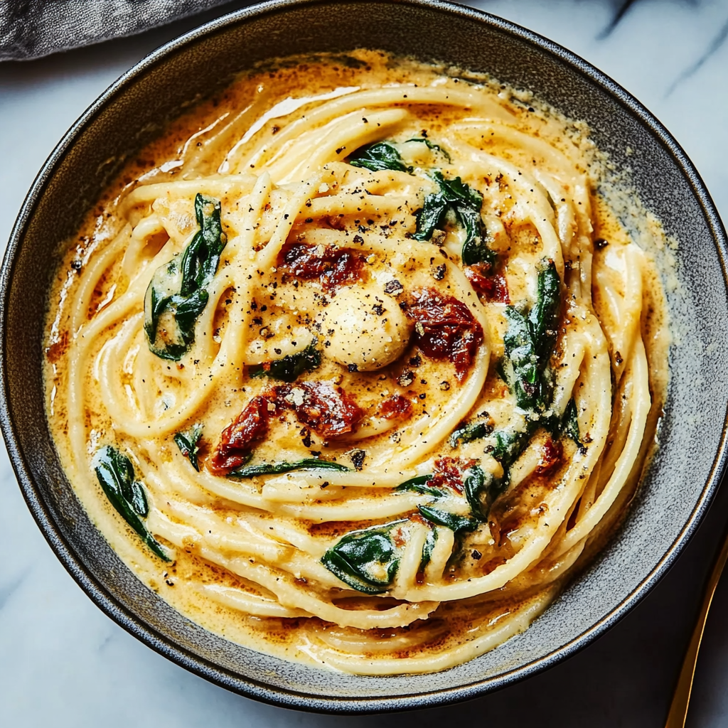 Recipe preparation for Creamy Sun-Dried Tomato Spaghetti with Spinach