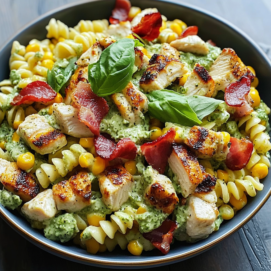Recipe preparation for Chicken Corn Pasta Salad with Creamy Pesto and Bacon