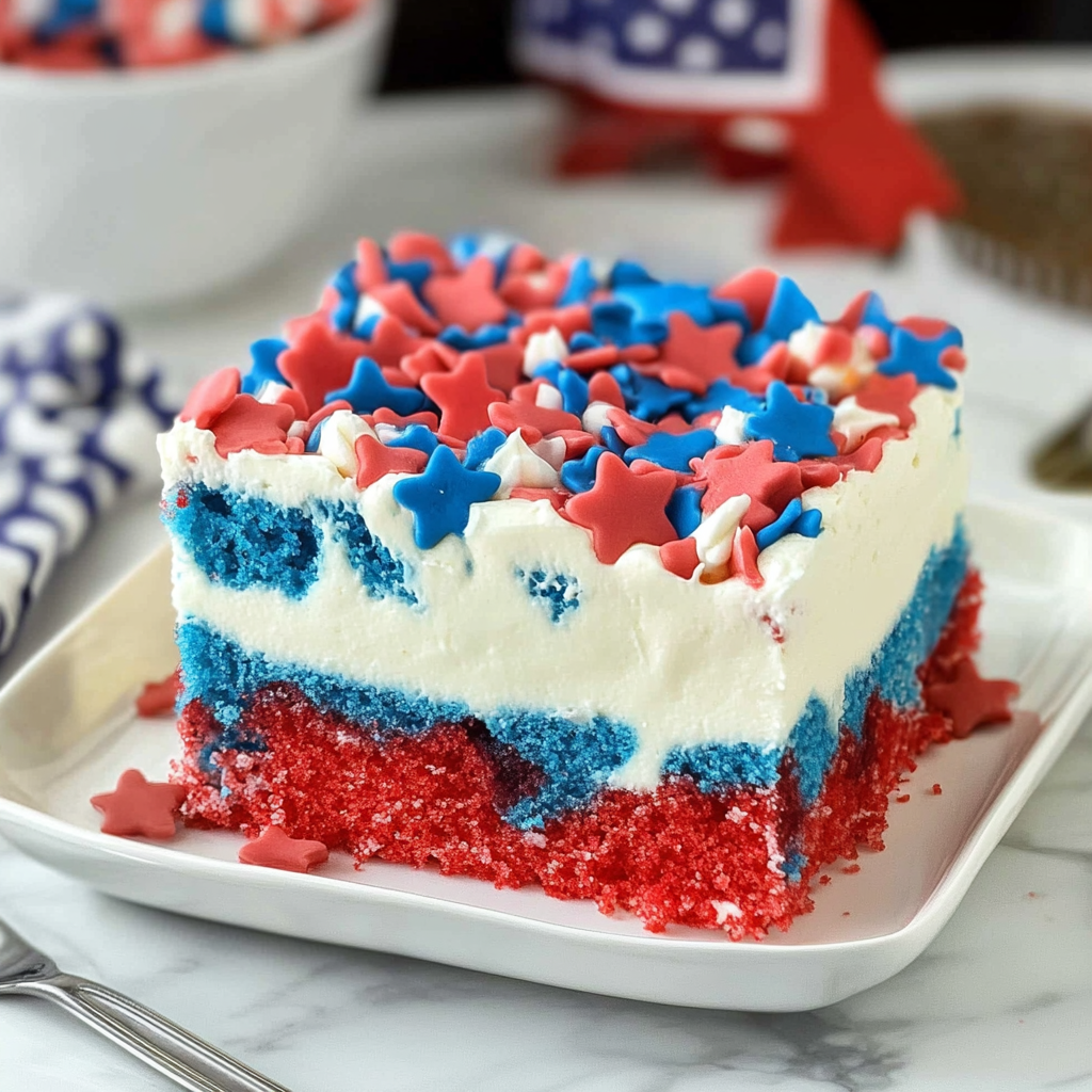 Recipe preparation for 4th of July Patriotic Poke Cake