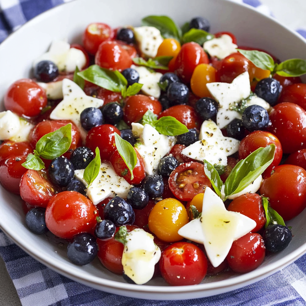 Recipe preparation for Blueberry Cherry Tomato Caprese Salad