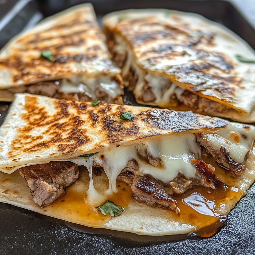 Recipe preparation for Steak Cheese Quesadillas on Blackstone