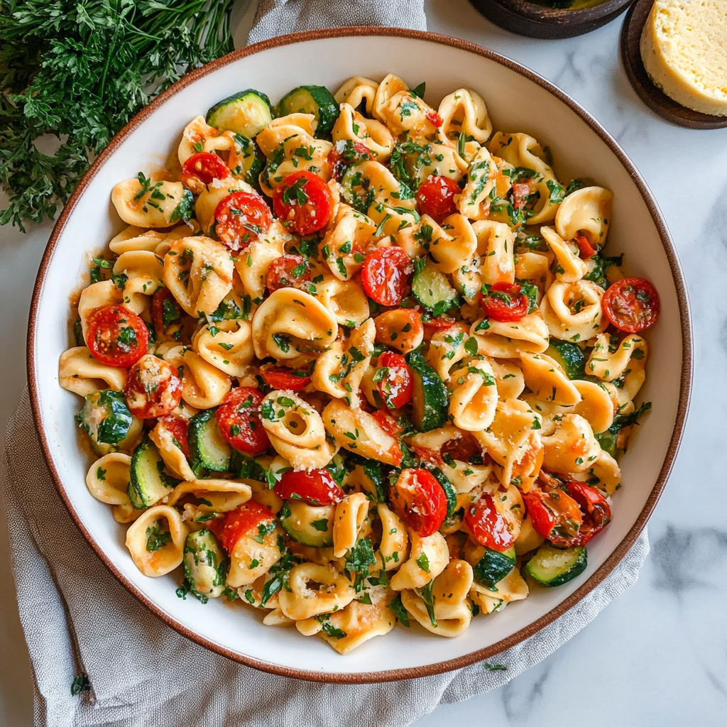 Recipe preparation for Tortellini with Summer Veggies