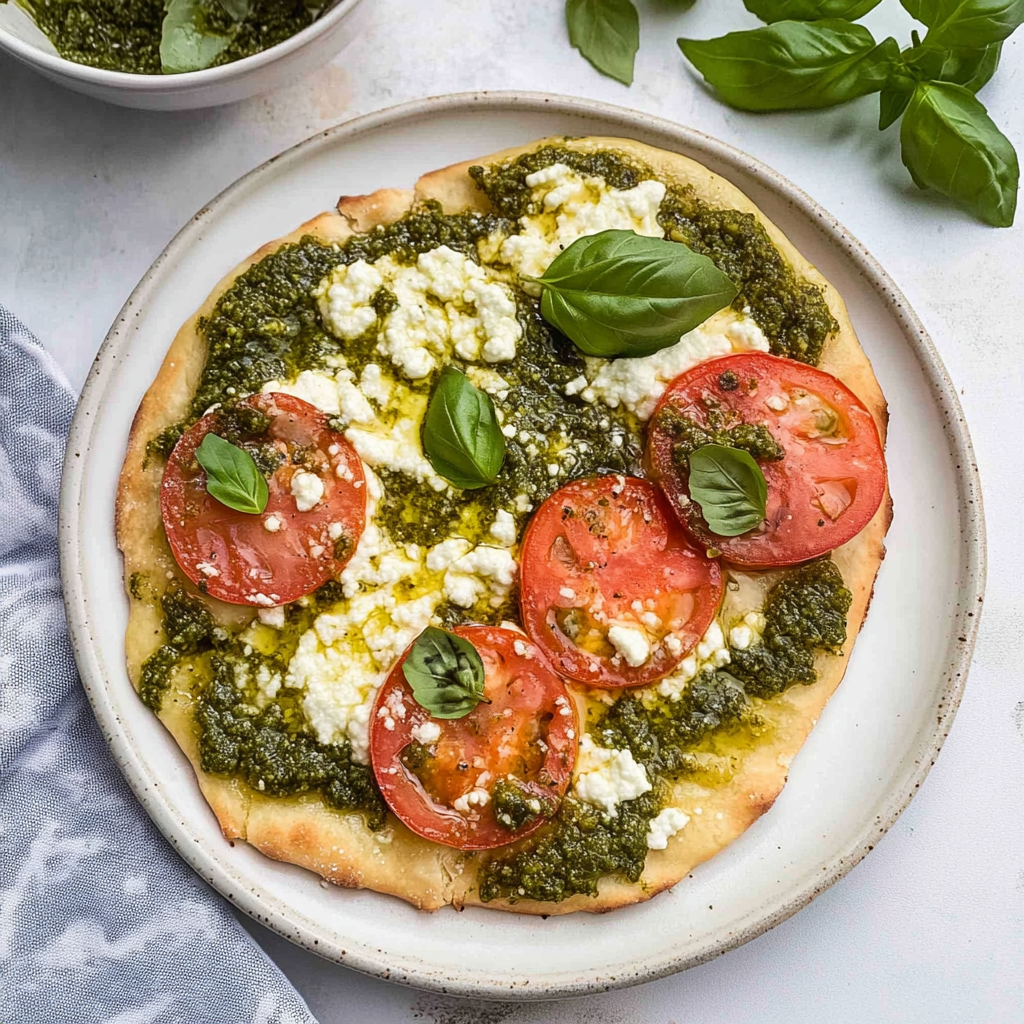 Recipe preparation for Pesto Flatbread Pizza