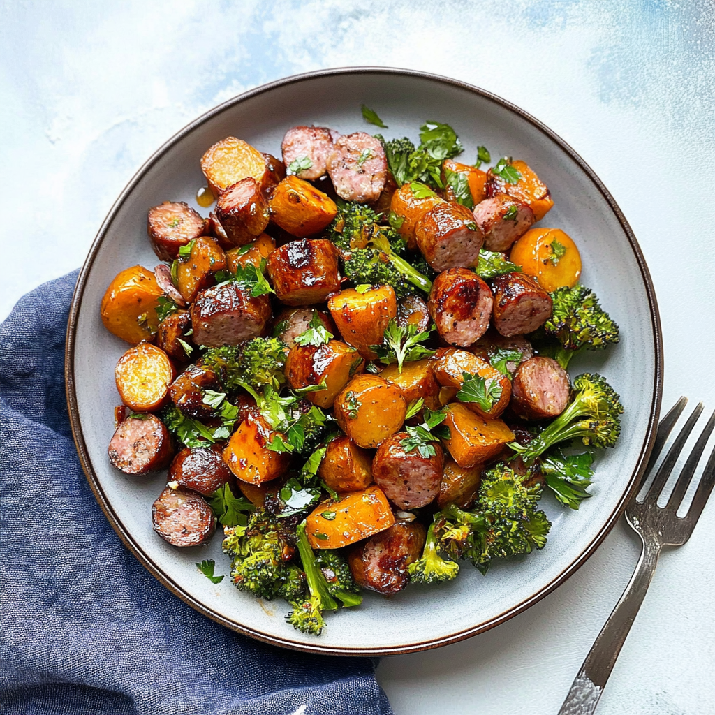 Recipe preparation for Sheet Pan Sausage and Sweet Potatoes with Honey Garlic Sauce