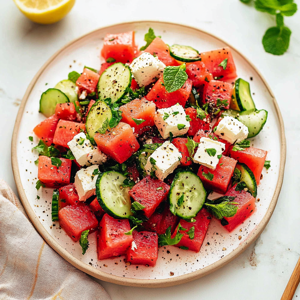 Recipe preparation for Watermelon Salad with Whipped Feta