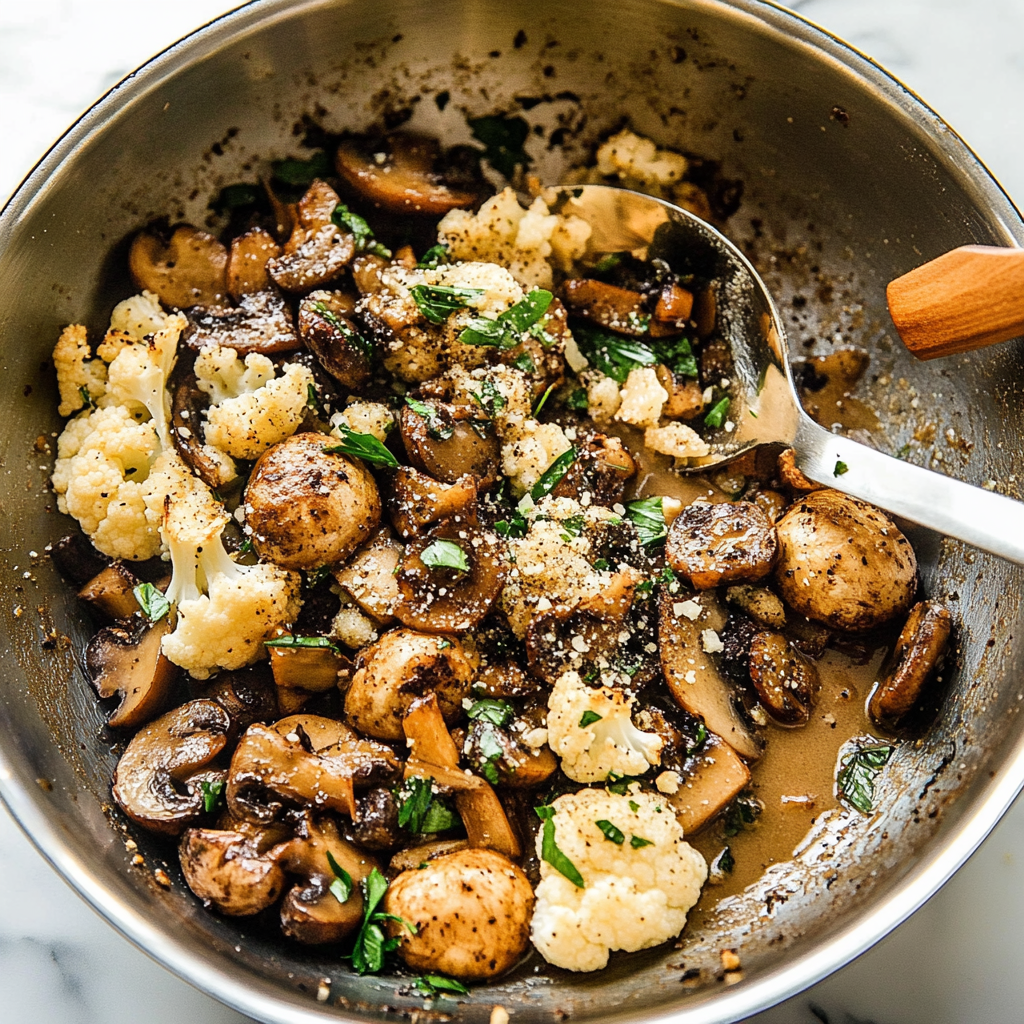 Recipe preparation for Sauteed Mushrooms Cauliflower Crumbles