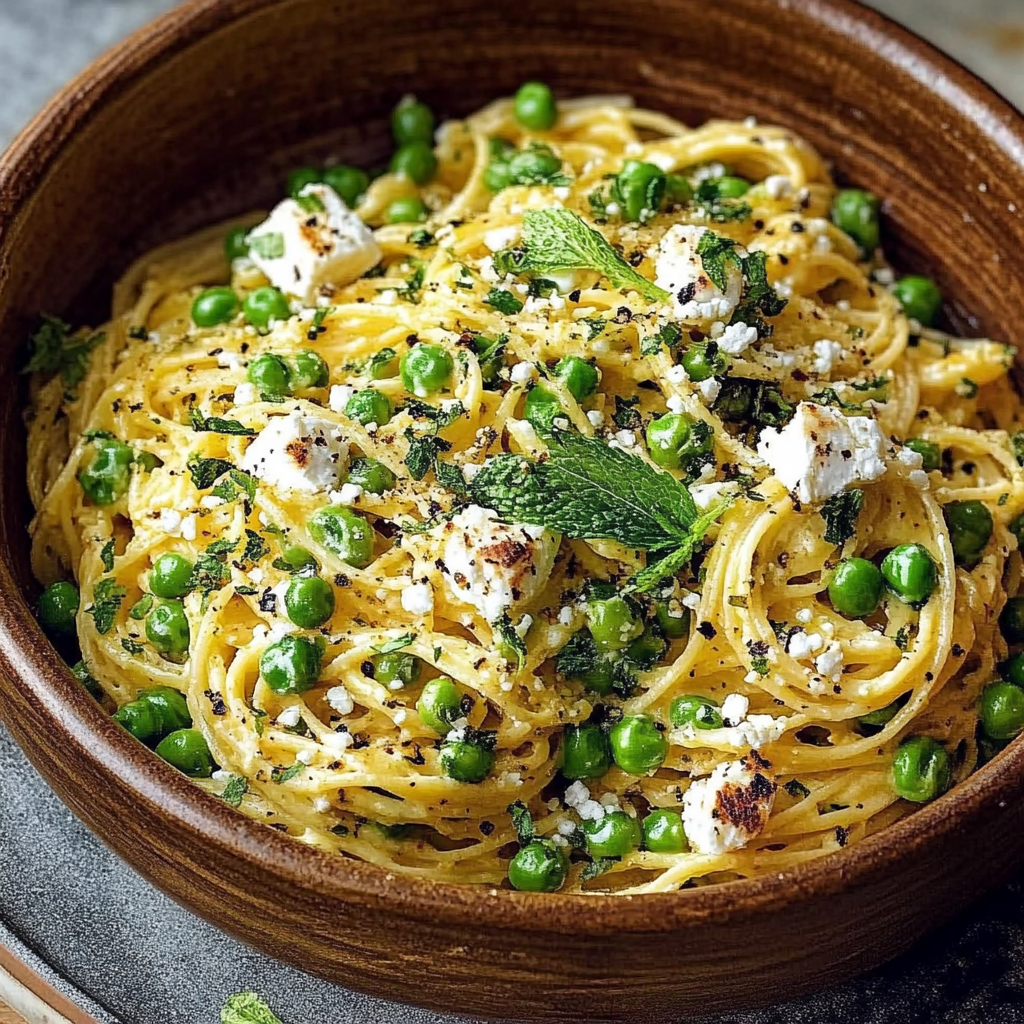 Recipe preparation for Spaghetti Goat Cheese Mint Peas