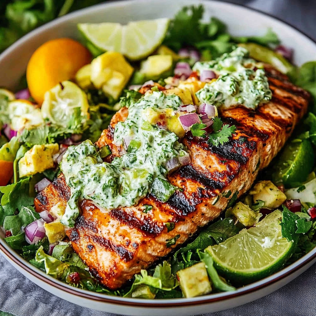 Recipe preparation for Grilled Salmon Cilantro Lime Salad