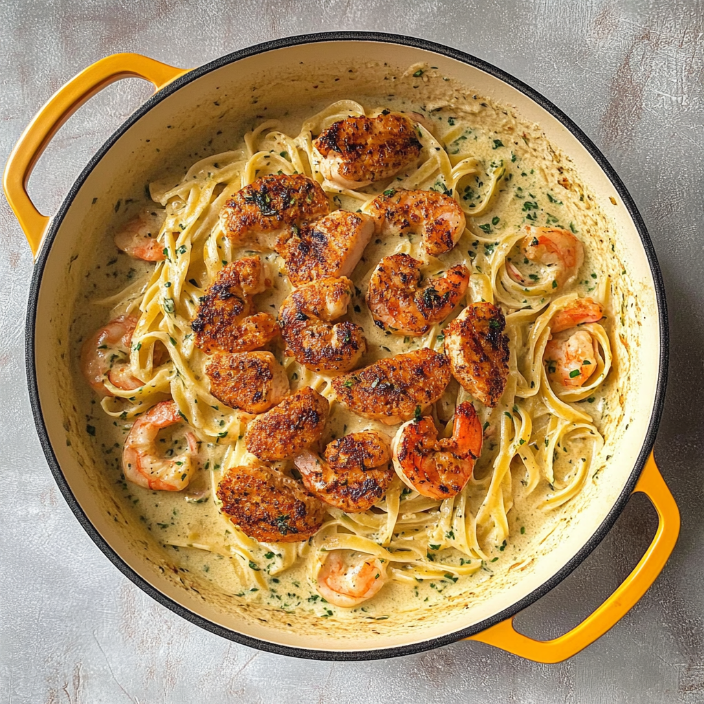 Recipe preparation for Alfredo pasta with chicken and shrimp