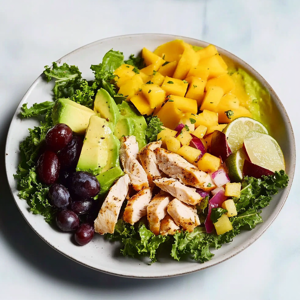 Recipe preparation for Fresh Mango Chicken & Kale Taco Salad