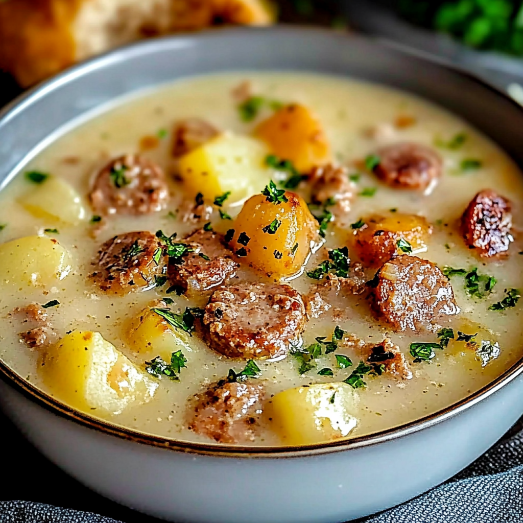 Recipe preparation for Creamy Sausage and Potato Chowder