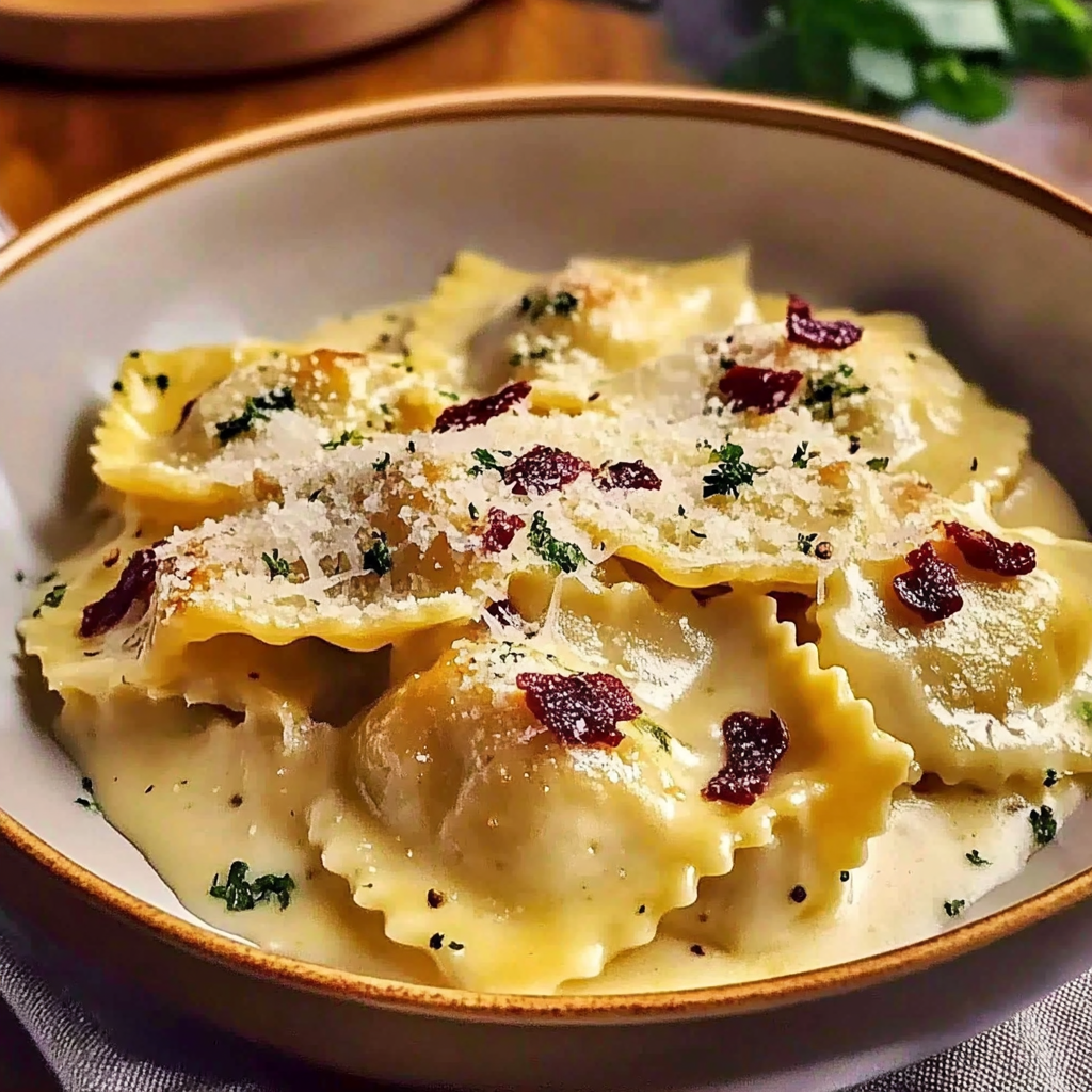 Recipe preparation for Creamy Olive Garden Ravioli Carbonara