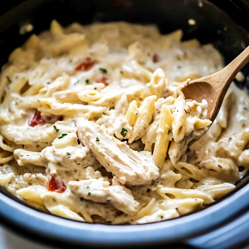 Recipe preparation for Crockpot Parmesan Garlic Chicken Pasta