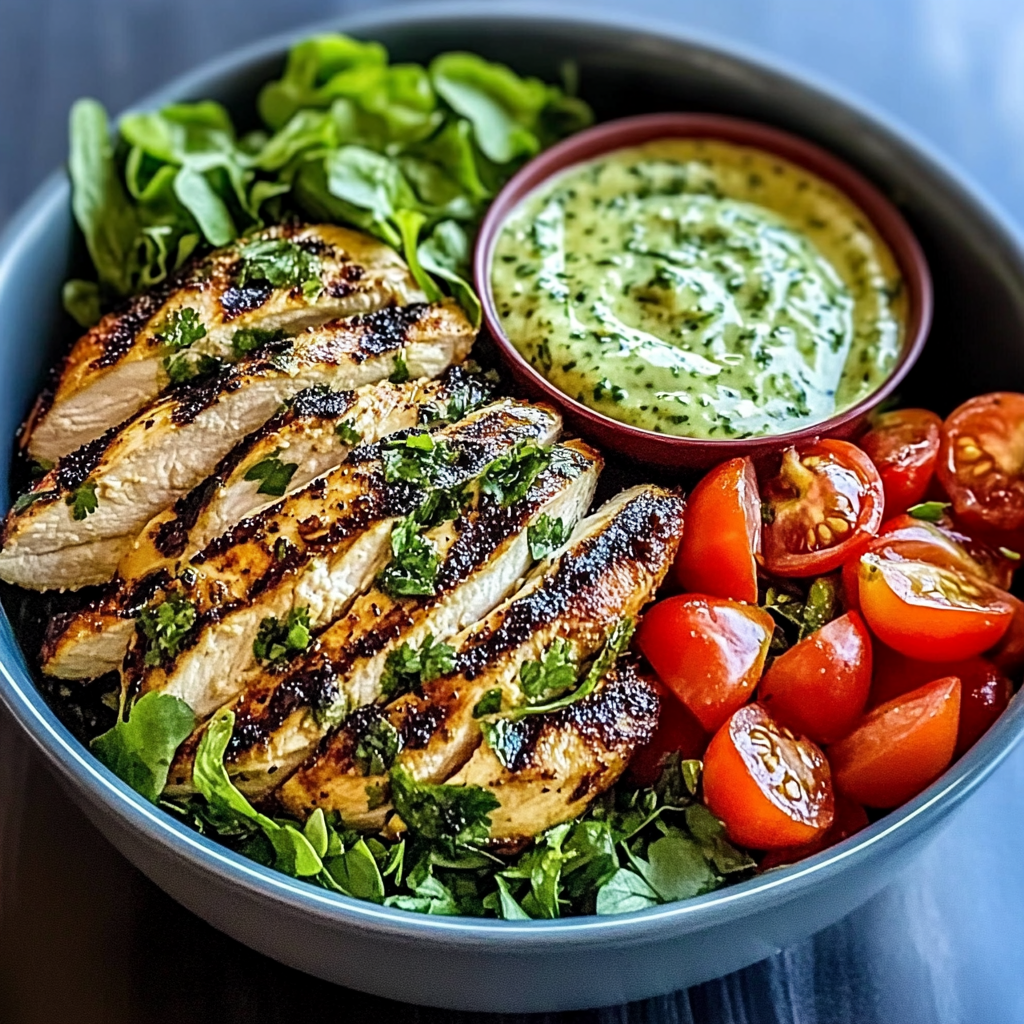 Recipe preparation for Chimichurri Grilled Chicken Bowl with Garlic Sauce