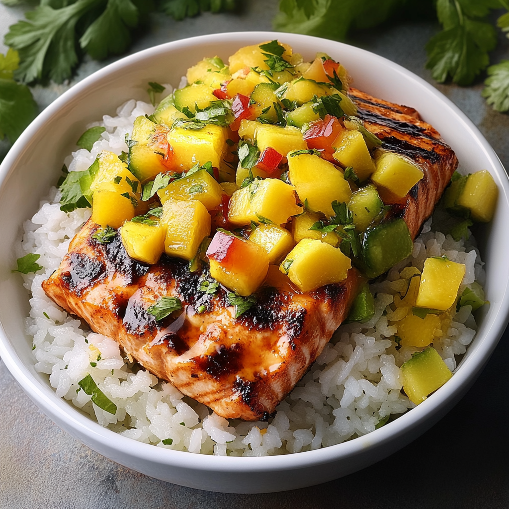 Recipe preparation for Grilled Salmon Mango Coconut Rice
