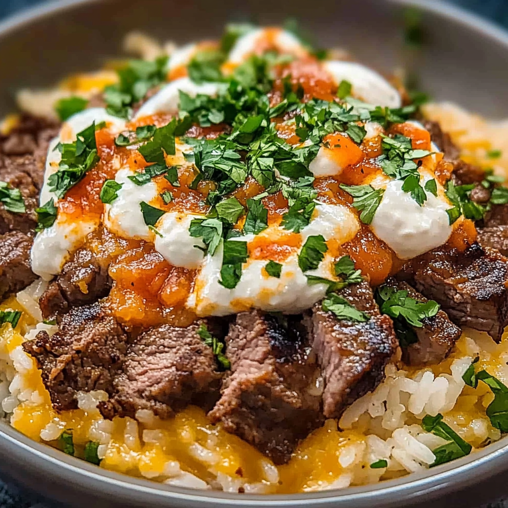 Recipe preparation for Steak Queso Rice Delight