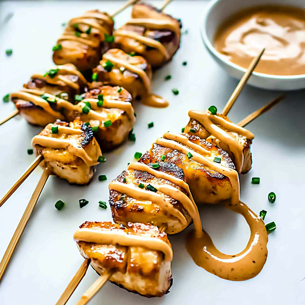 Recipe preparation for Teriyaki Chicken Kabobs with Sriracha Cream