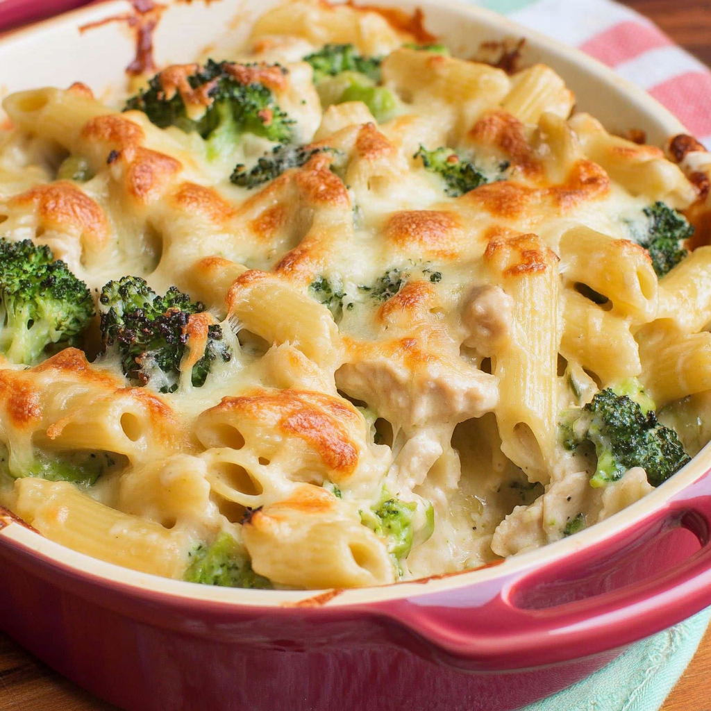 Recipe preparation for Cheesy Chicken Broccoli Pasta Bake