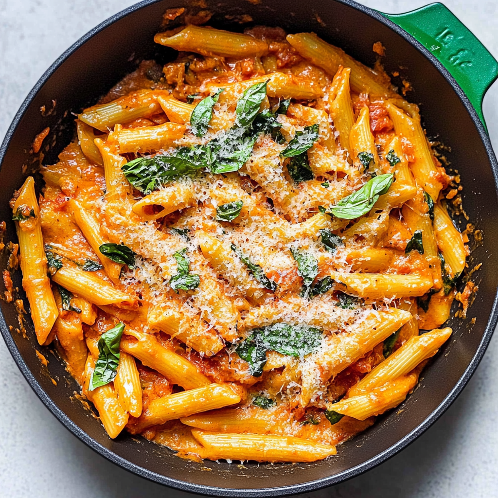 Recipe preparation for One Pot Creamy Tomato Basil Pasta
