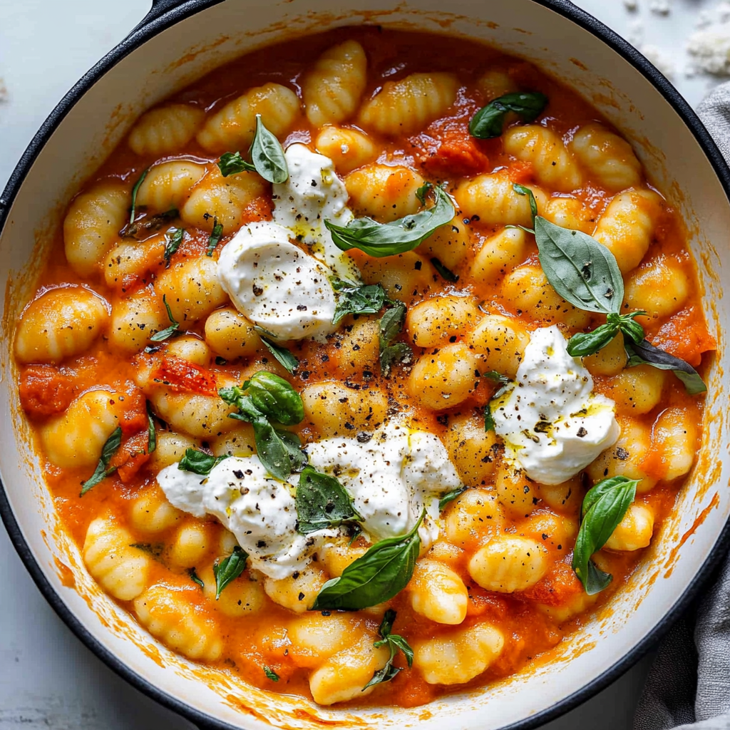 Recipe preparation for Creamy Tomato Gnocchi with Burrata