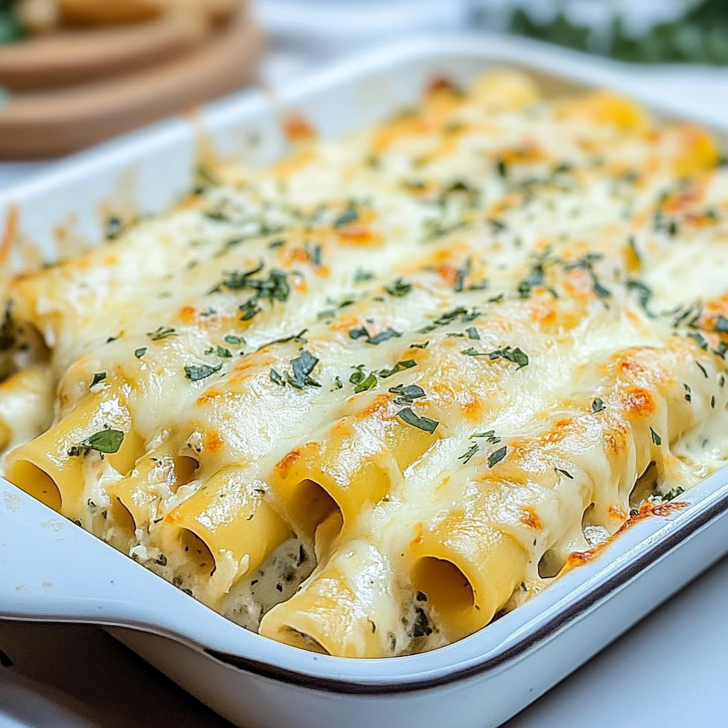Recipe preparation for Chicken Manicotti Alfredo