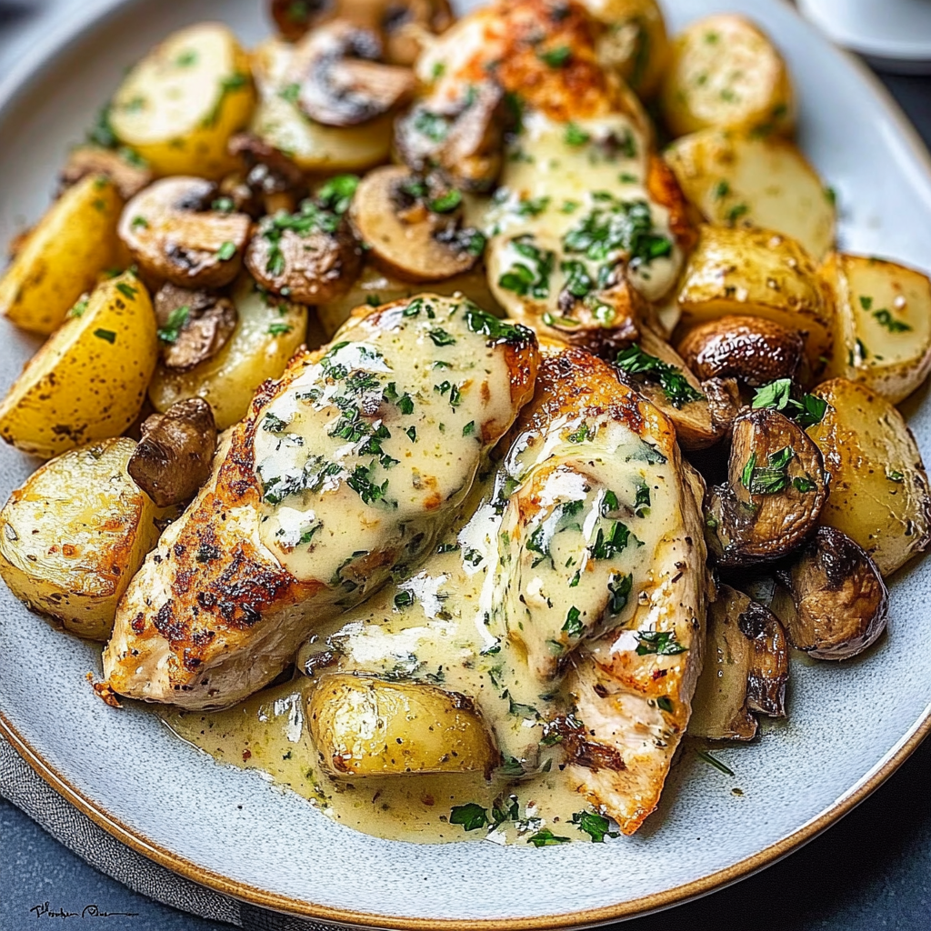 Recipe preparation for Creamy Garlic Mushroom Alfredo Chicken & Potatoes with Basil Pesto