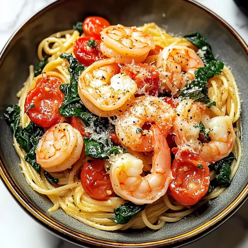 Recipe preparation for Tomato Spinach Shrimp Pasta