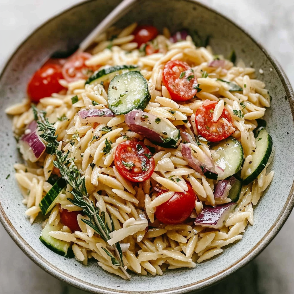 Recipe preparation for Mediterranean Orzo Salad Bowl