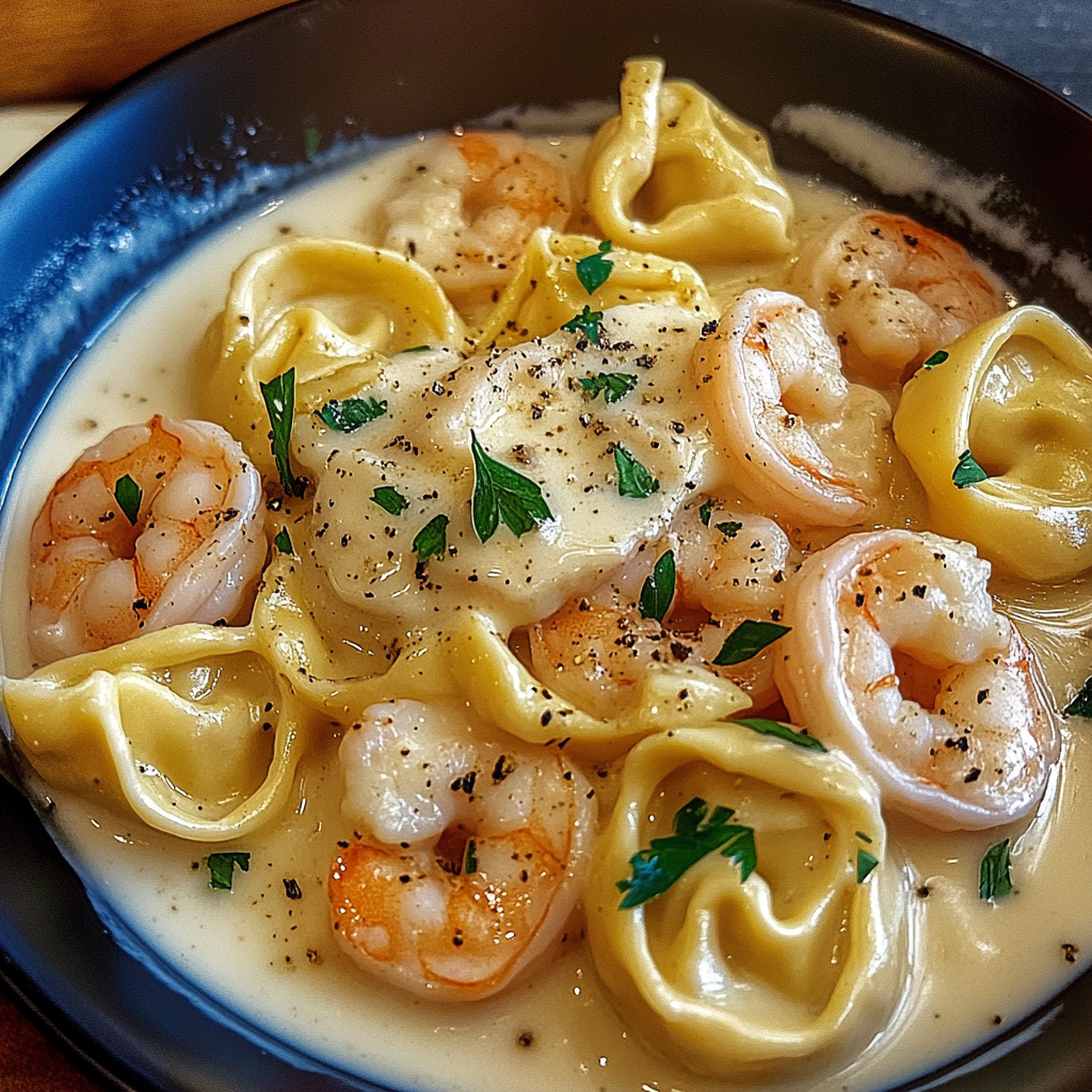 Recipe preparation for Shrimp Tortellini Alfredo Creamy
