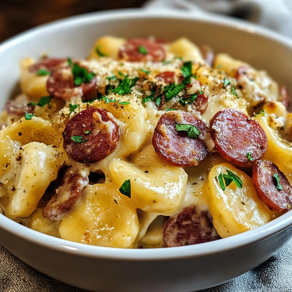 Recipe preparation for Crockpot Pierogi Casserole with Kielbasa