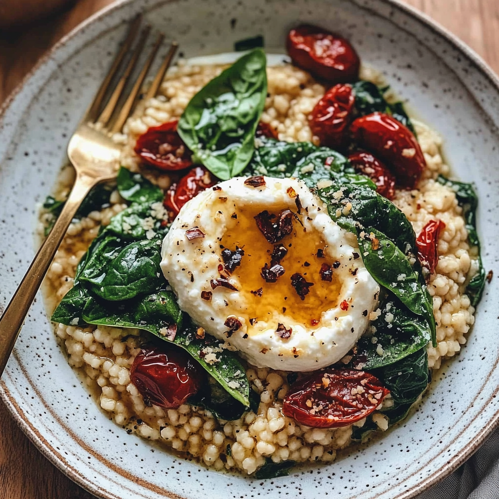 Recipe preparation for Spinach Sun-Dried Tomato Burrata