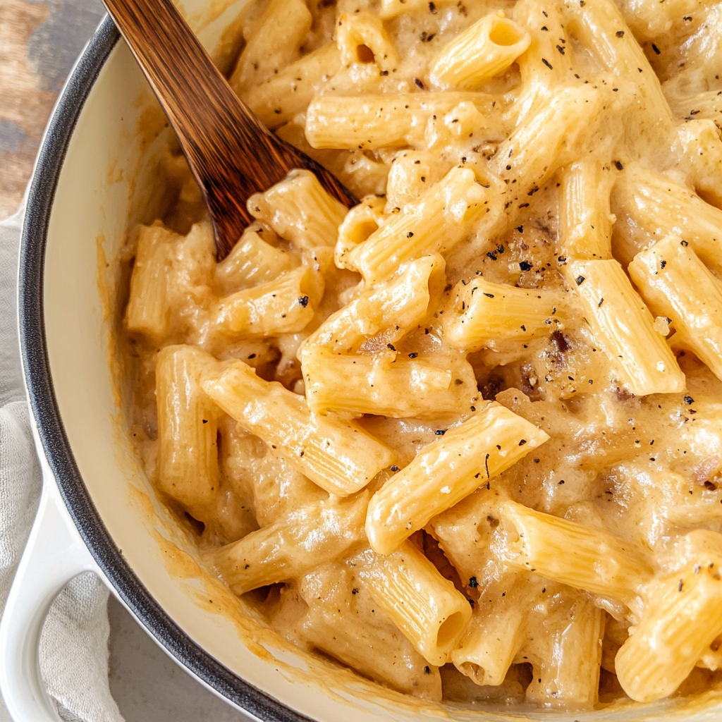 Recipe preparation for French Onion Pasta Recipe with Caramelized Onions and Gruyere