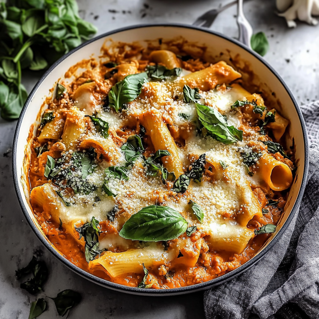 Recipe preparation for Stuffed Creamy Tomato Basil Pasta